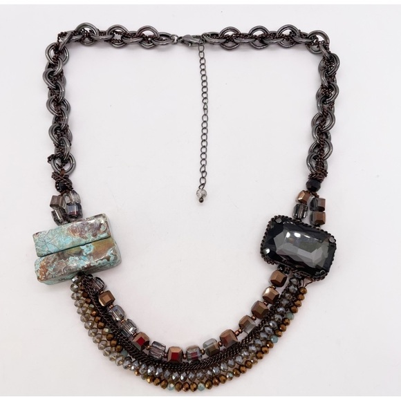 Multi Strand Gold Blue Turquoise Earth Tone Necklace Mixed Media Chunky Artsy - Picture 5 of 5